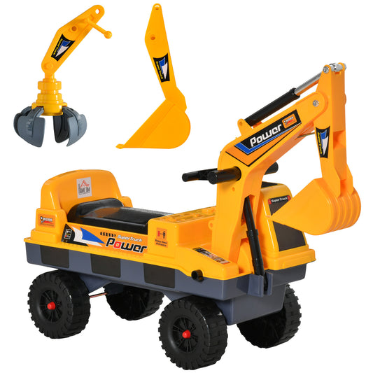 No Power 2 in 1 Ride On Excavator with Helmet and Claw, Construction Truck Set, Multi-Functional Digger with Storage, Light and Music, Yellow