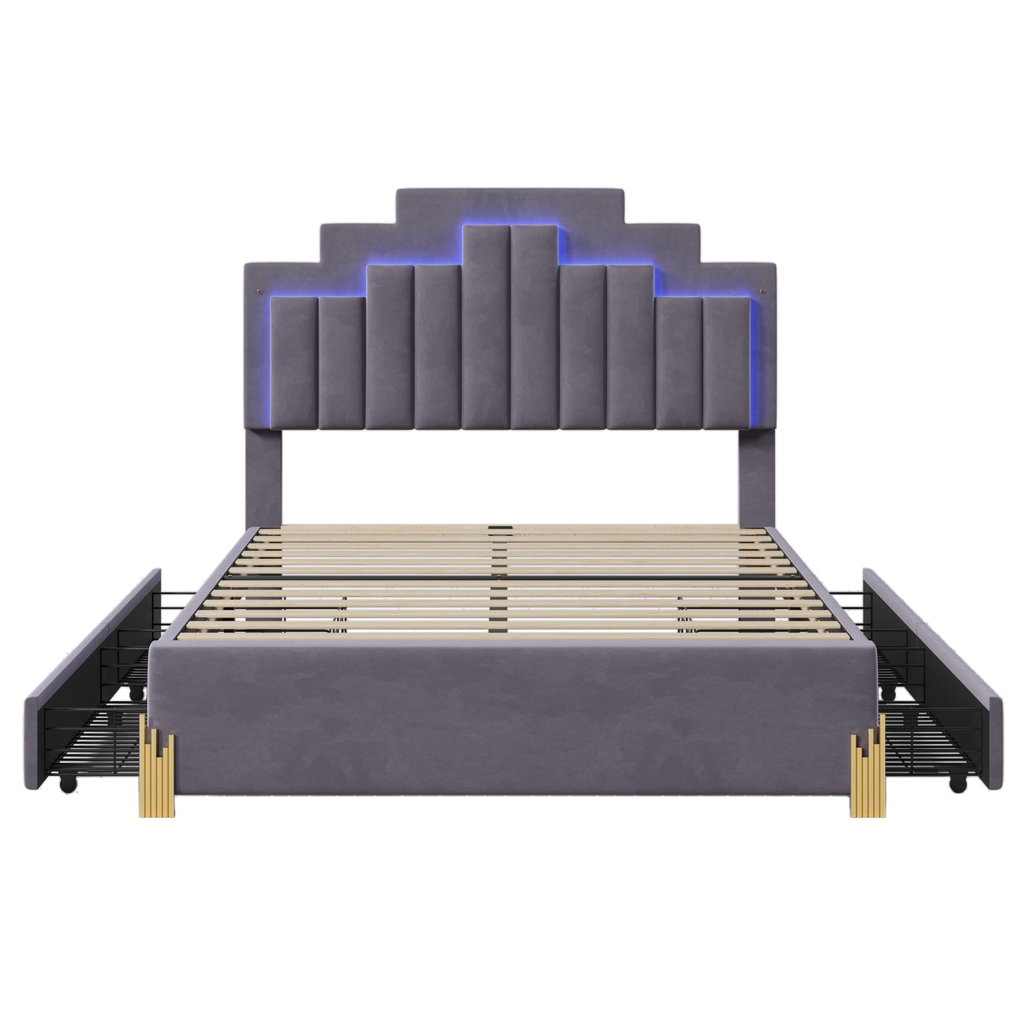 Full Size Upholstered Platform Bed with LED Lights and 4 Drawers, Stylish Irregular Metal Bed Legs Design, Gray