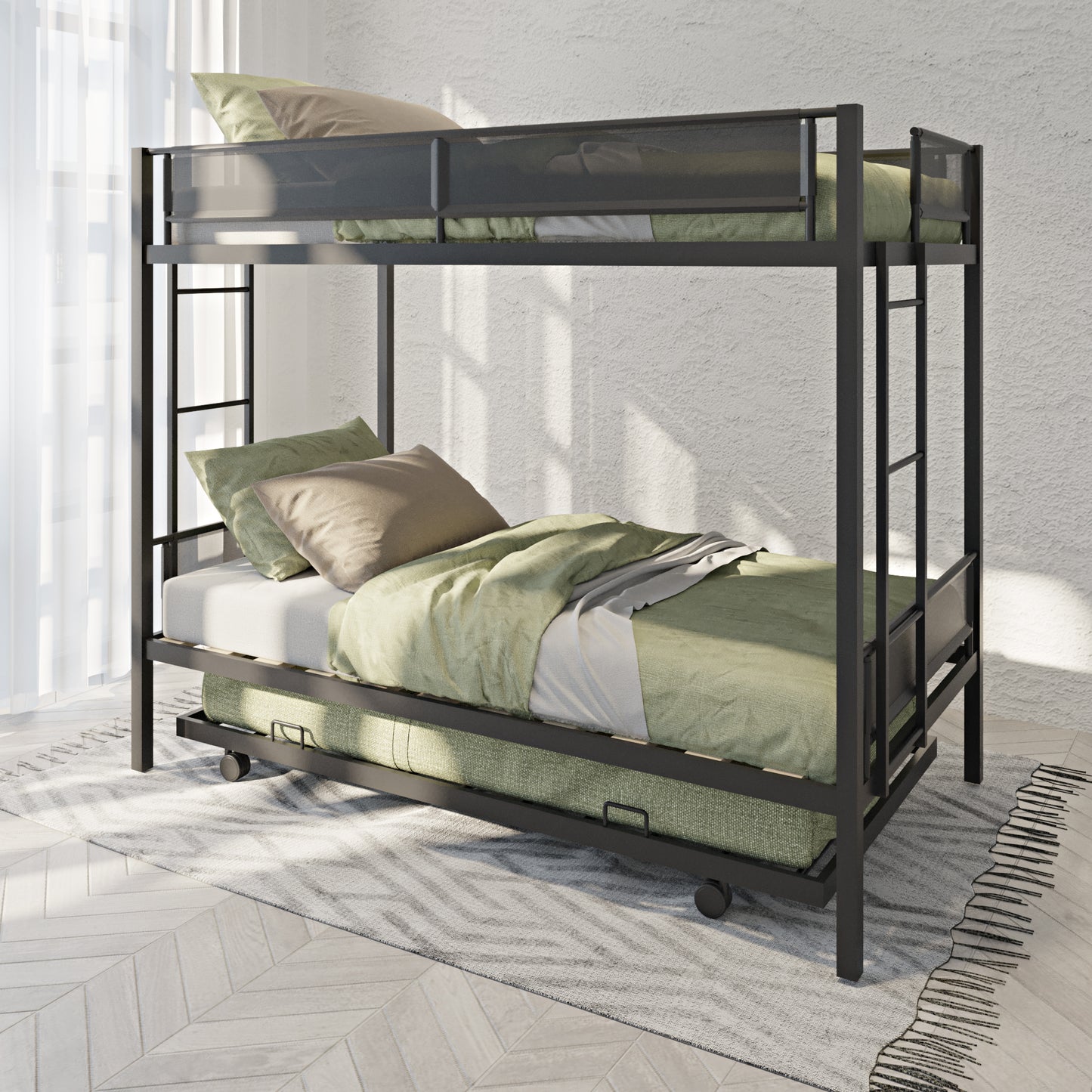 Metal Twin Bunk Bed with Trundle and Textilene Guardrails - Space-Saving Twin Over Twin Bunk Bed