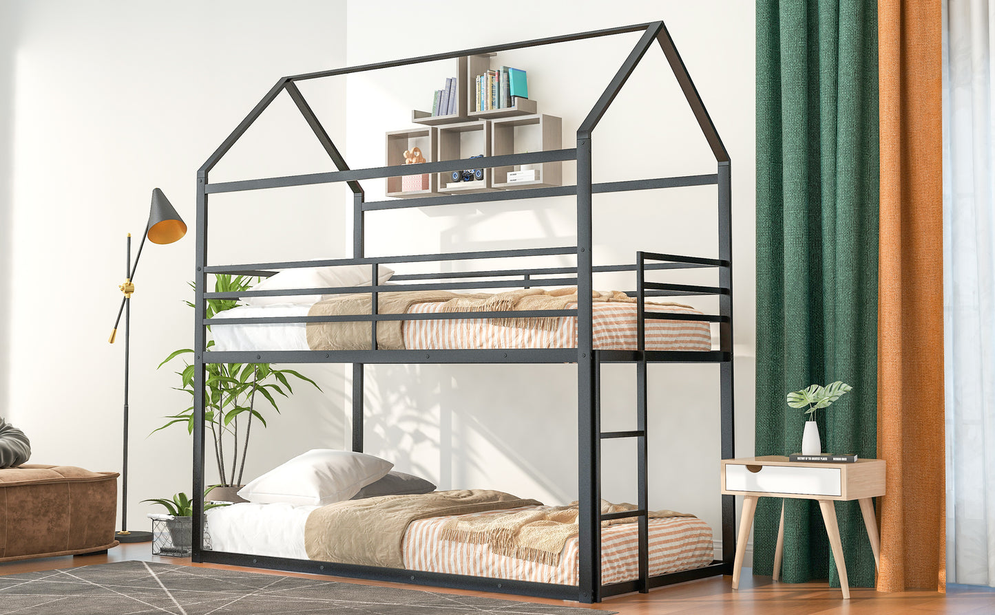 Kids' Twin House Bunk Bed with Ladder in Black