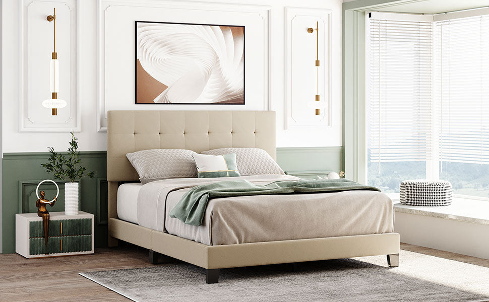 Upholstered Platform Bed with Tufted Headboard, Box Spring Needed, Beige Linen Fabric, Queen Size