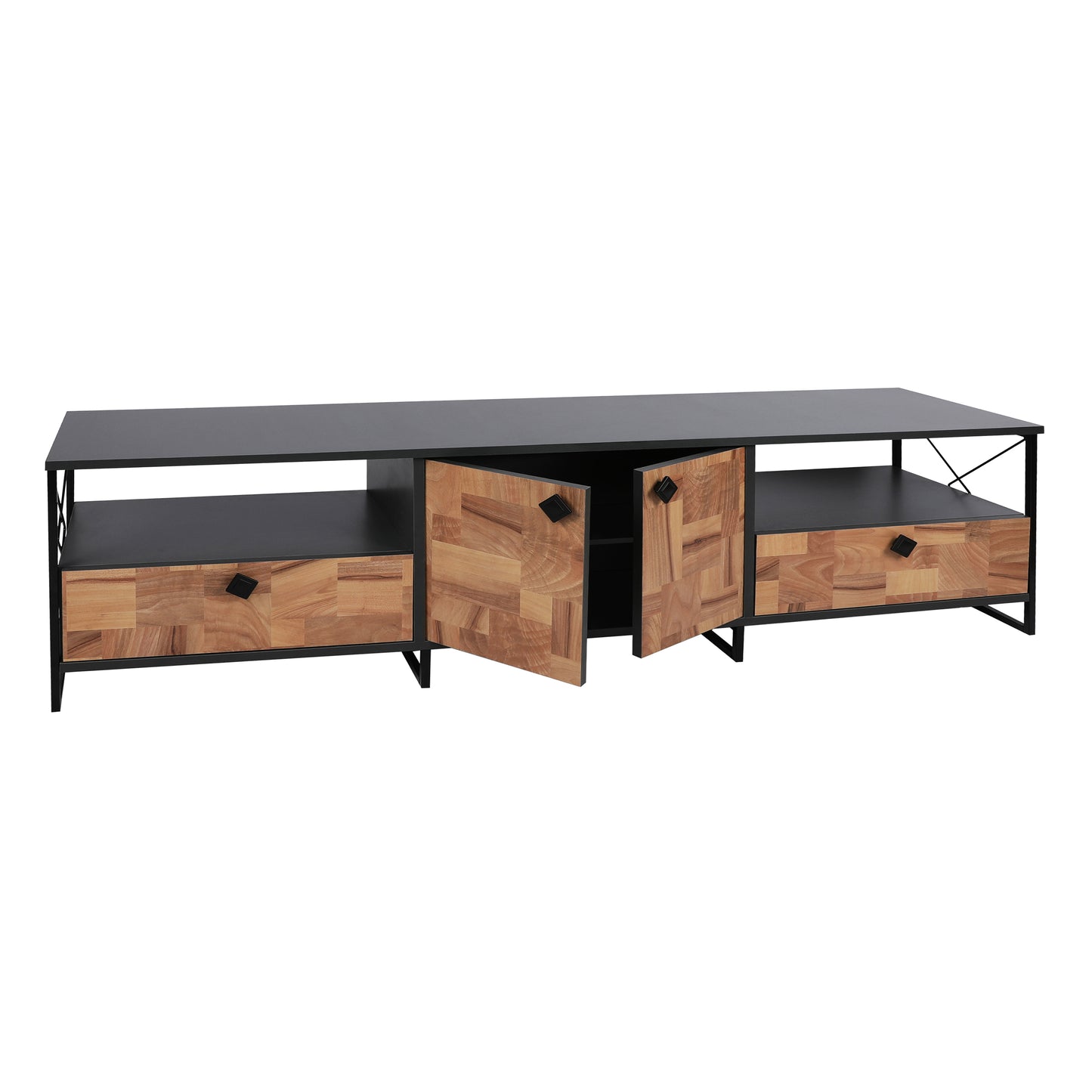 71-Inch Industrial Wooden TV Stand with Metal Frame and Storage Options, Brown and Black