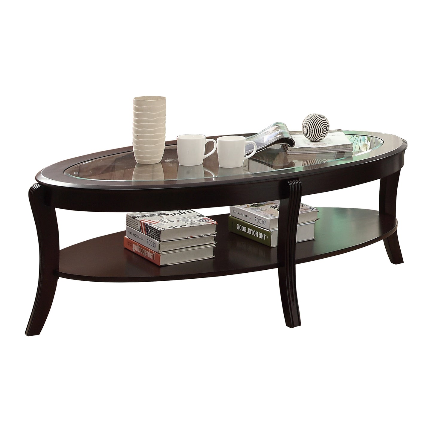 Elegant Espresso Cocktail Table with Glass Inserted Top and Curved Legs
