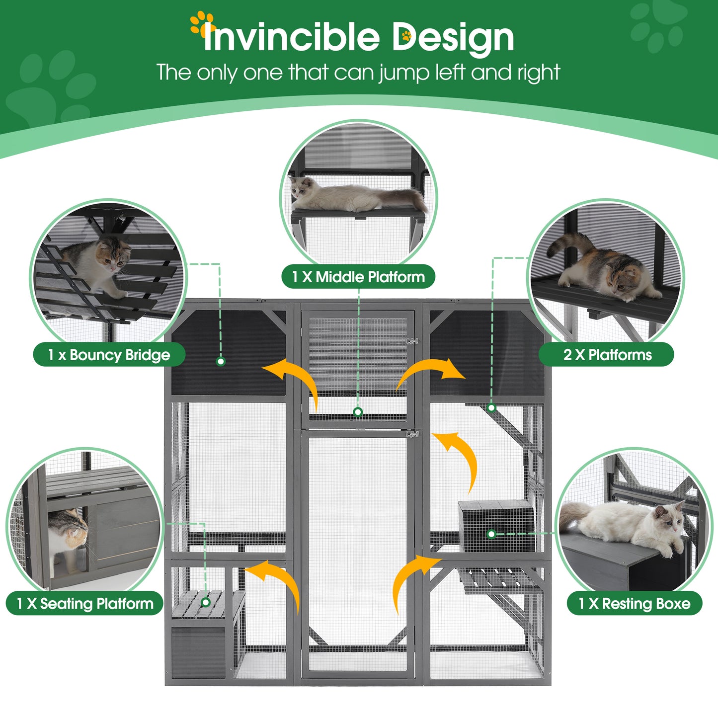 Outdoor Wooden Cat House Catio Enclosure with Super Large Enter Door Cat Kennel with Bouncy Bridge, Platforms and Small Houses  Walk in Kitten Cage with Sunshine Board - L67.5'', Dark Grey