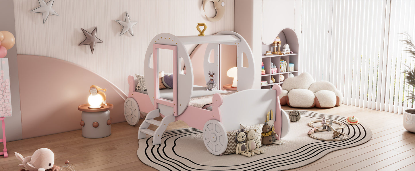 Twin size Princess Carriage Bed with Crown ,Wood Platform Car Bed with Stair,White+Pink