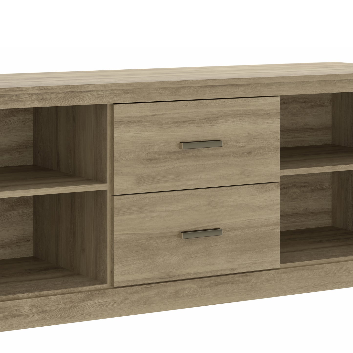 59-Inch Oak Brown Wooden TV Stand with Drawers and Open Compartments