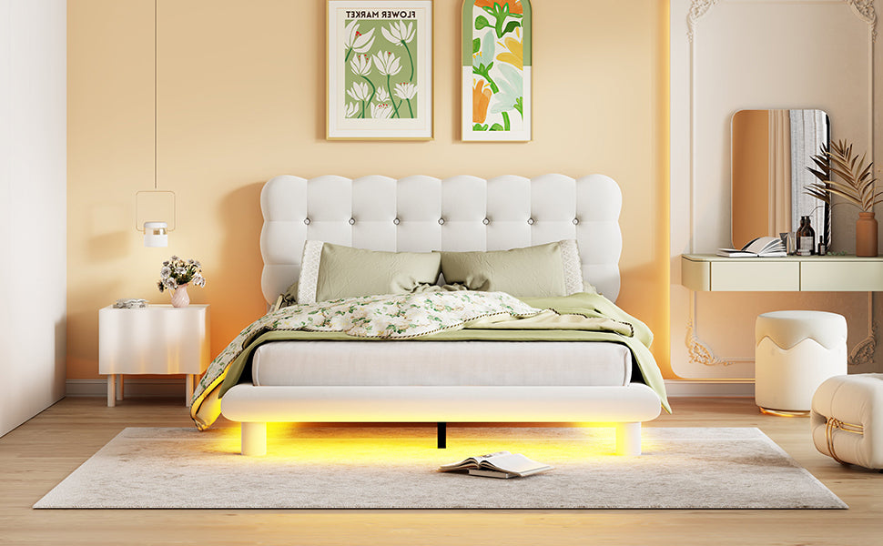 Queen Size Velvet Platform Bed with LED Frame, Thick & Soft Fabric and Button-tufted Design Headboard, Beige