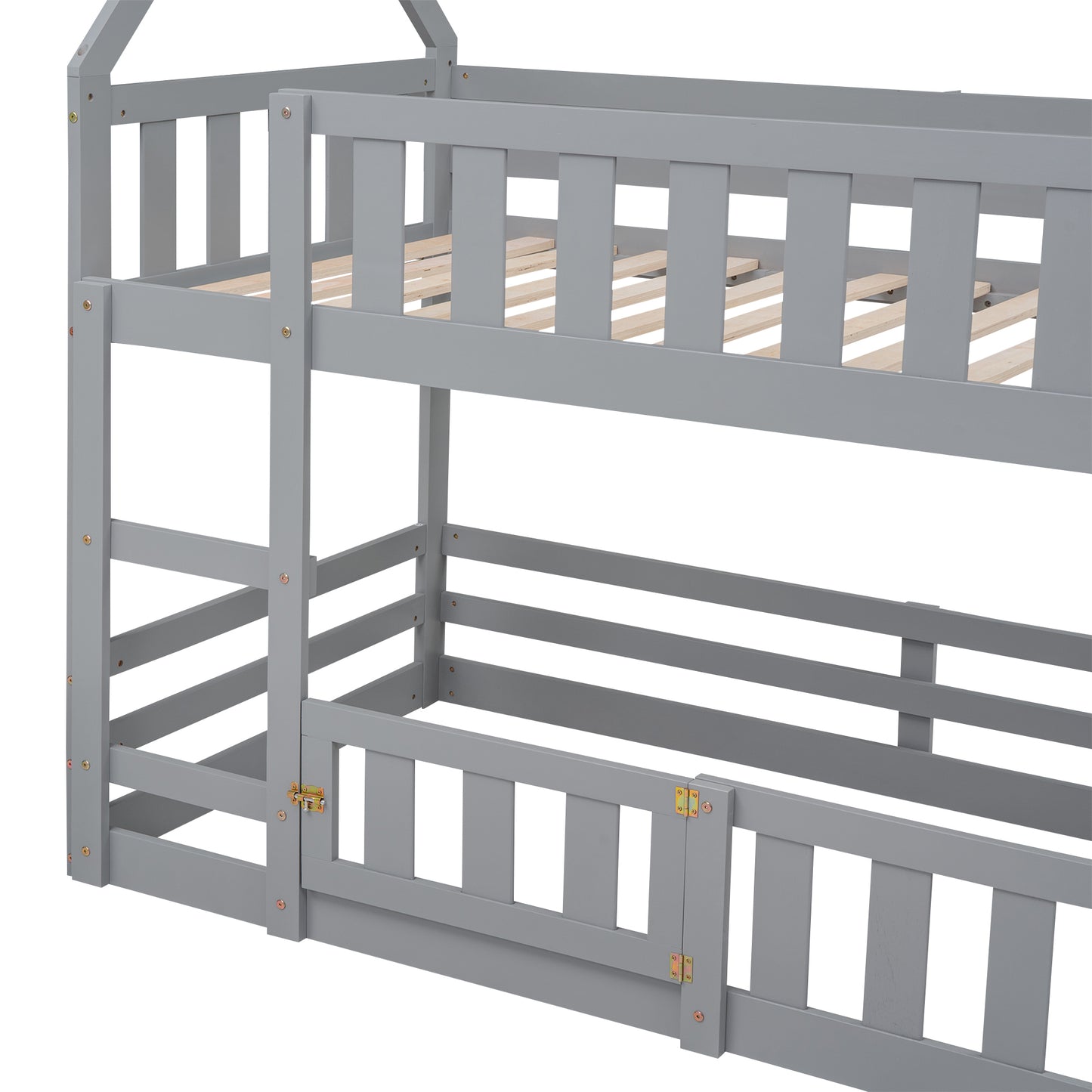 Twin House Bunk Bed with Gray Fence and Door