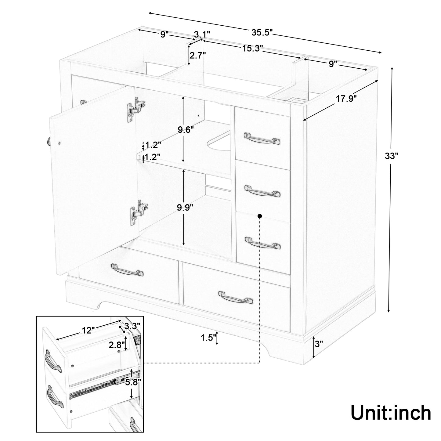 36" Bathroom Vanity without Sink, Cabinet Base Only, Six Drawers, Multi-Functional Drawer Divider, Adjustable Shelf, White