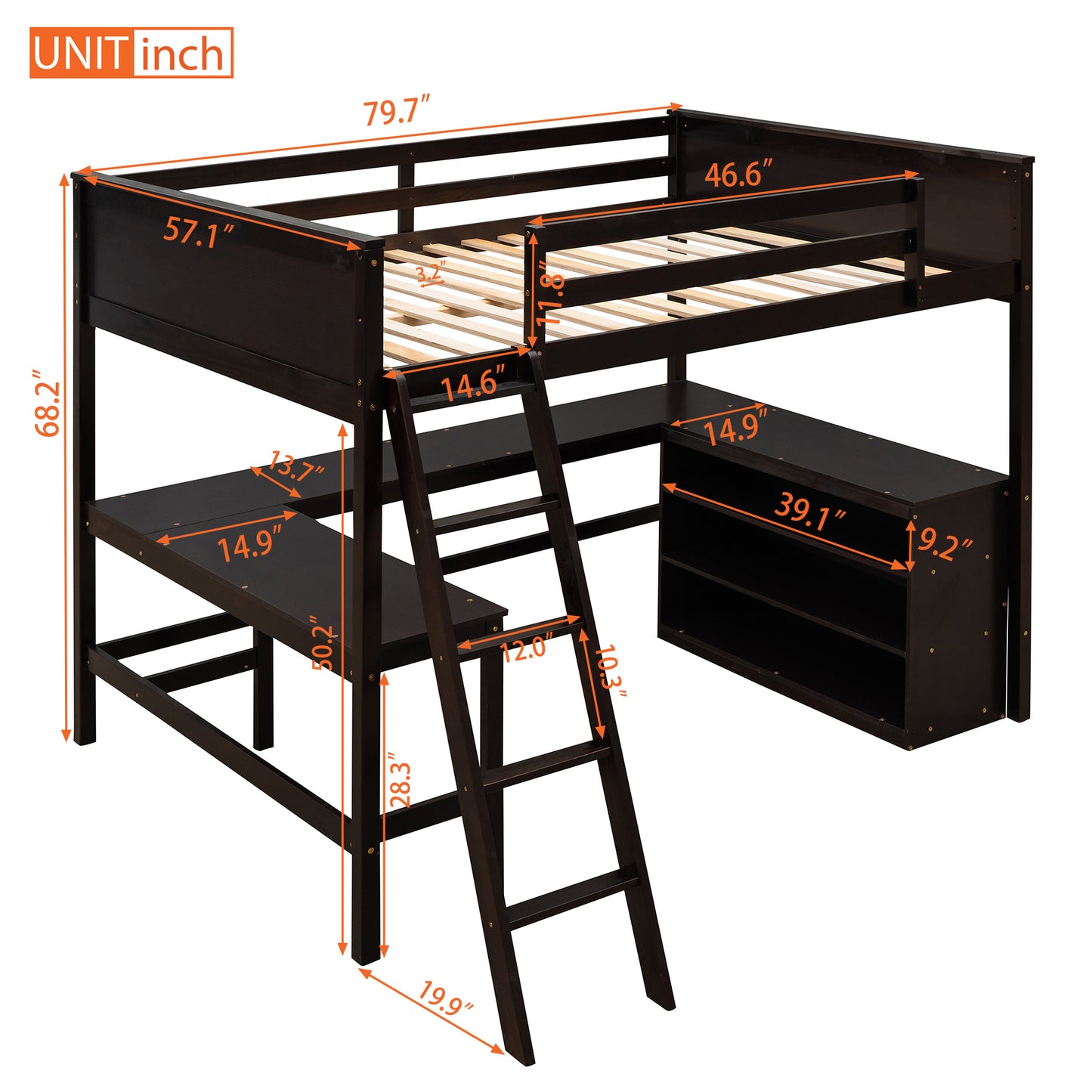 Full size Loft Bed with Shelves and Desk, Wooden Loft Bed with Desk - Espresso