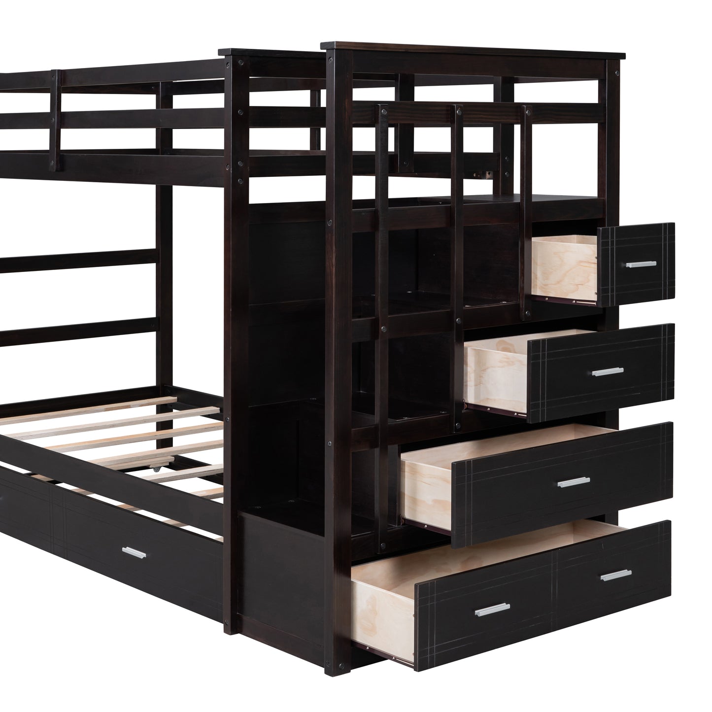 Chic Espresso Twin Bunk Bed with Trundle and Staircase