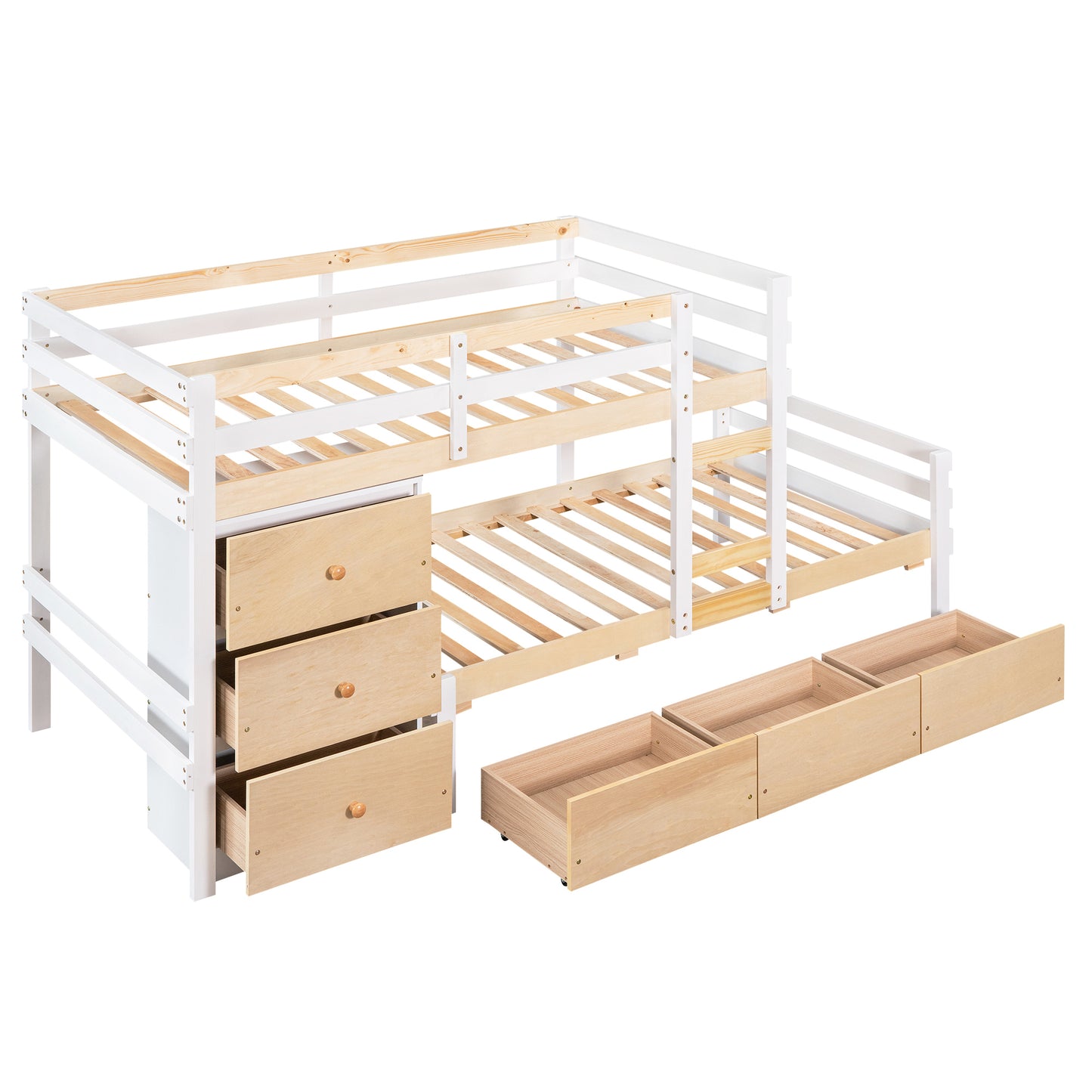 Natural Twin Loft Bunk Bed with Drawers, Ladder, and Dual Sleeping Space