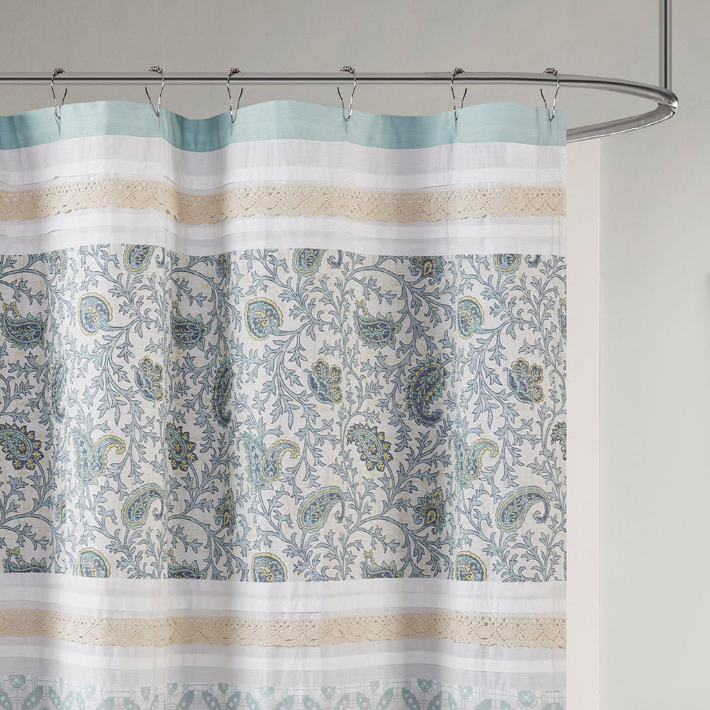 Aqua Paisley Cotton Shower Curtain: Madison Park Dawn Oasis Design