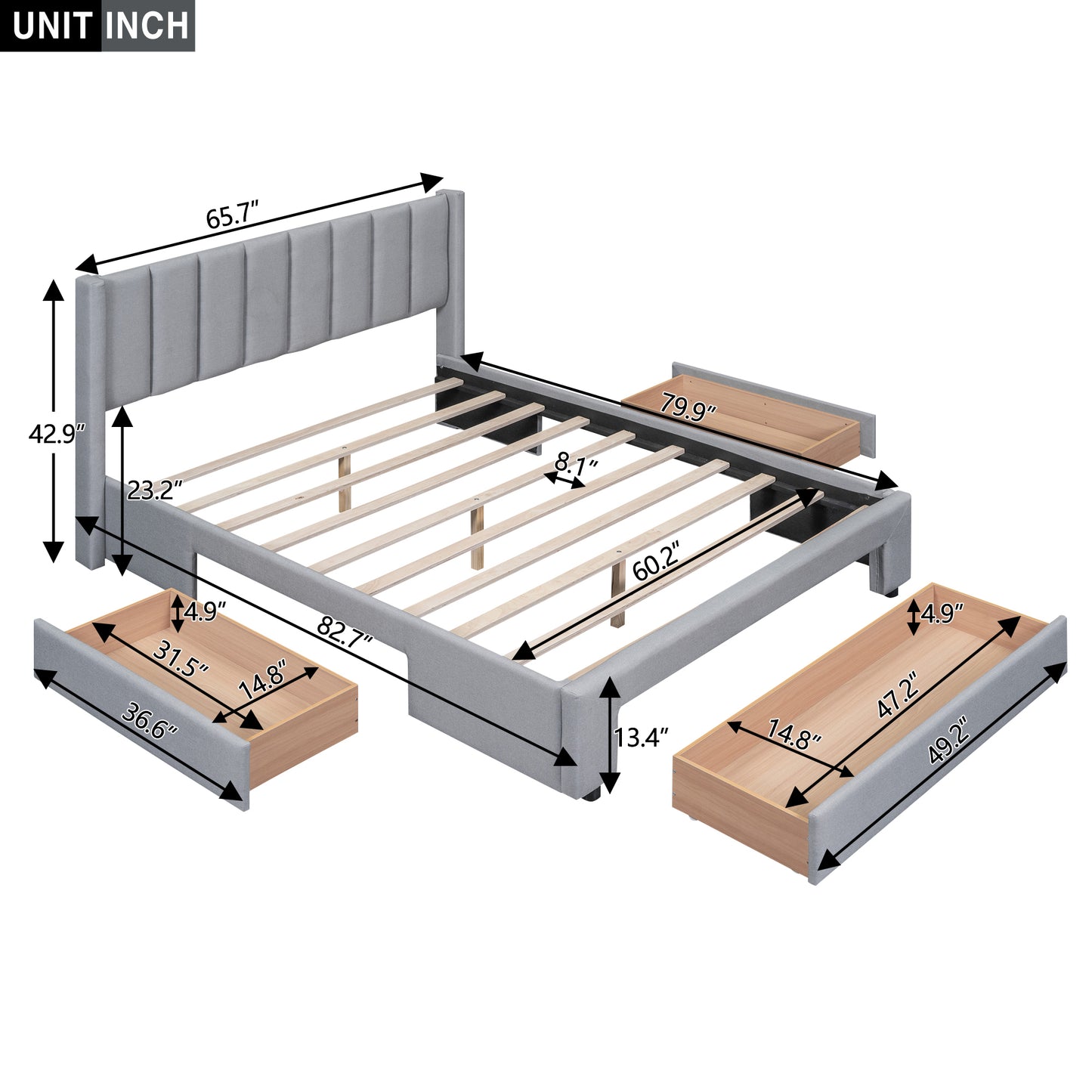 Queen Size Upholstered Platform Bed with One Large Drawer in the Footboard and Drawer on Each Side,Gray