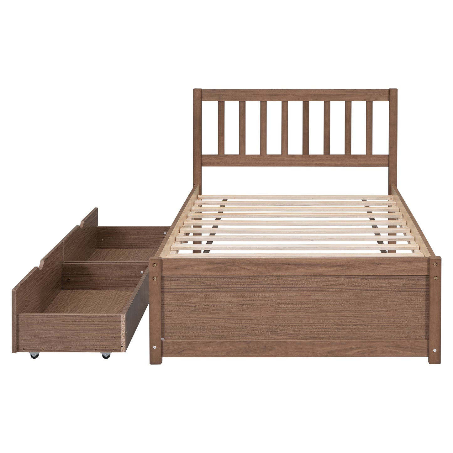 Modern Design Twin Size Platform Bed with 2 Drawers for Walnut Color