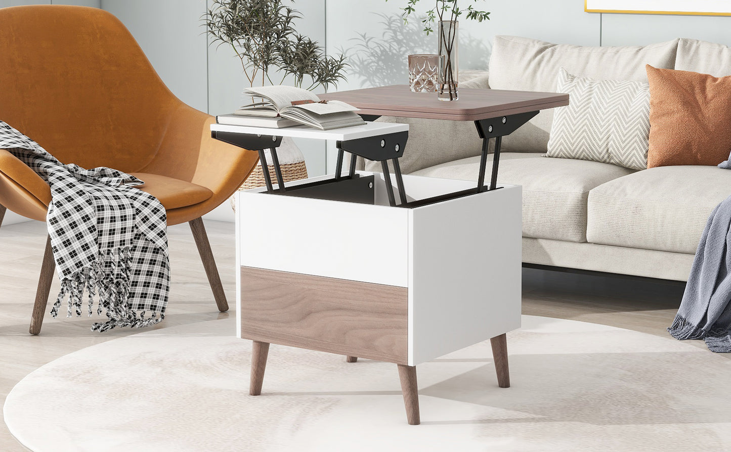 Walnut Extendable Coffee Table with Lift Top and Storage Shelf