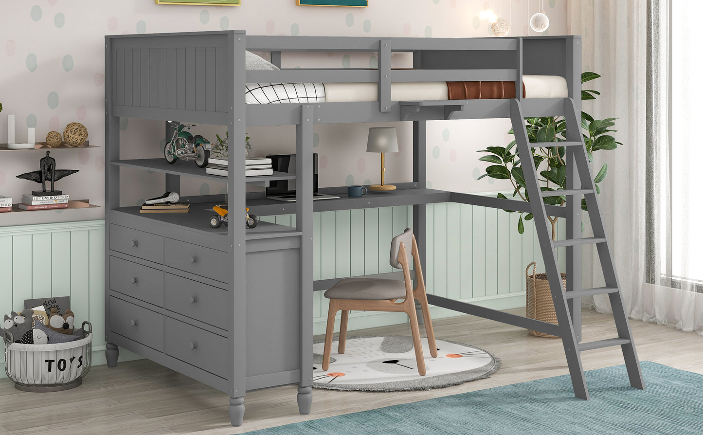 Full size Loft Bed with Drawers and Desk, Wooden Loft Bed with Shelves - Gray