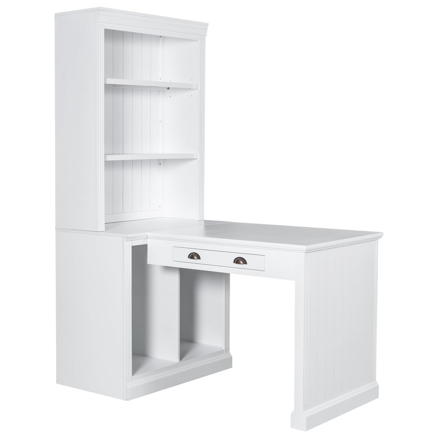 83.4 Tall 2-Piece White Bookshelf & Writing Desk Set with LED Lighting, Storage Drawers, and Doors