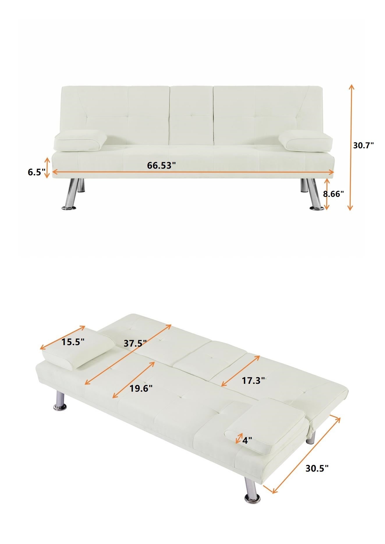 Modern Fabric Upholstered Futon Sofa Bed with Cupholders and Adjustable Positions