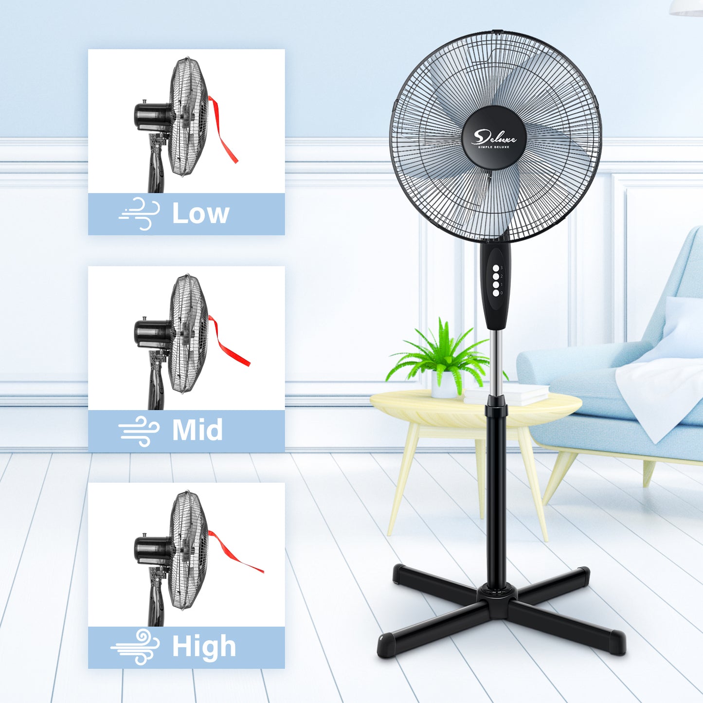 Oscillating Stand Fan with Adjustable Speeds and Height, 16 Inch, Black