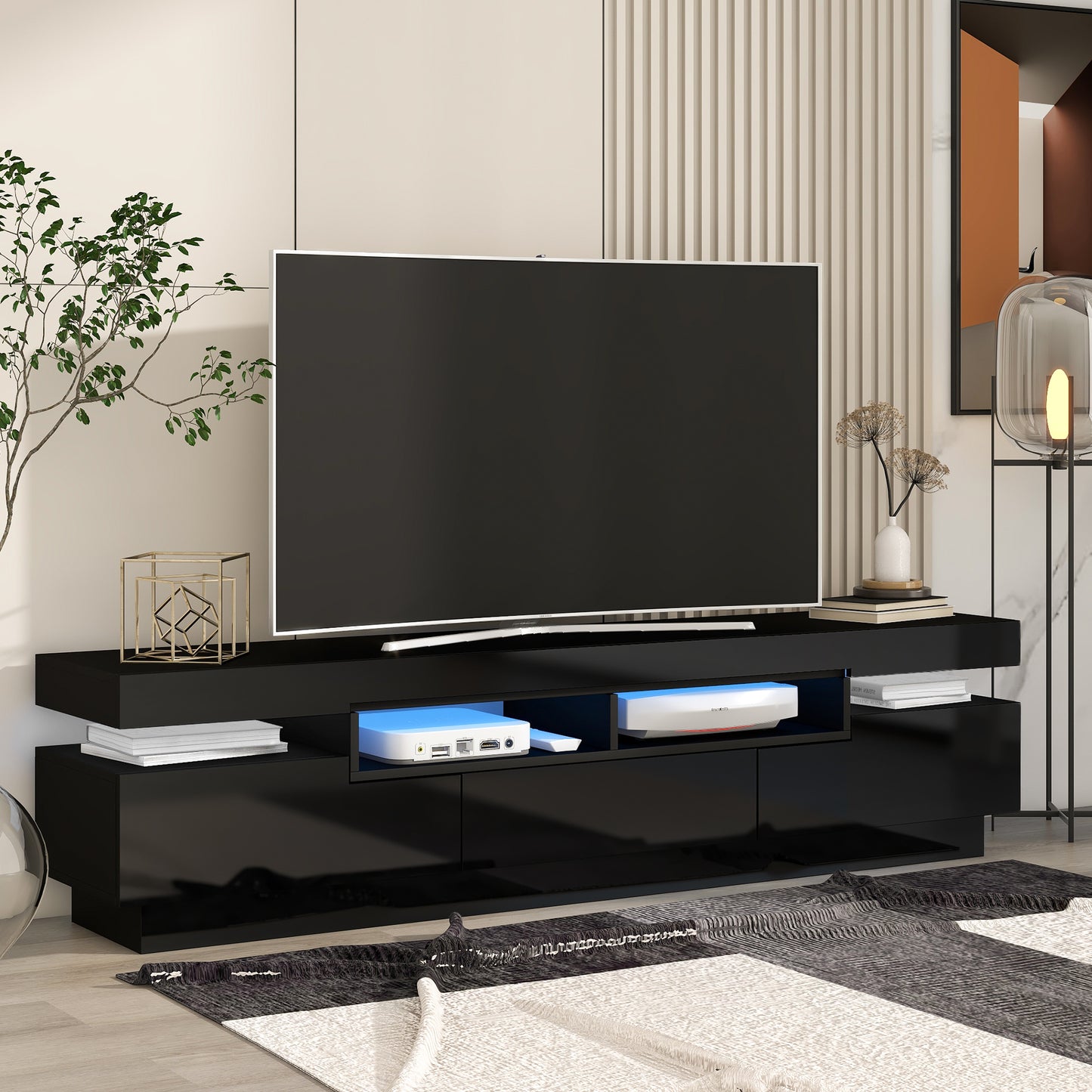 Sleek Black TV Stand with LED Lighting and Multi-Storage Options for 75 Inch TV