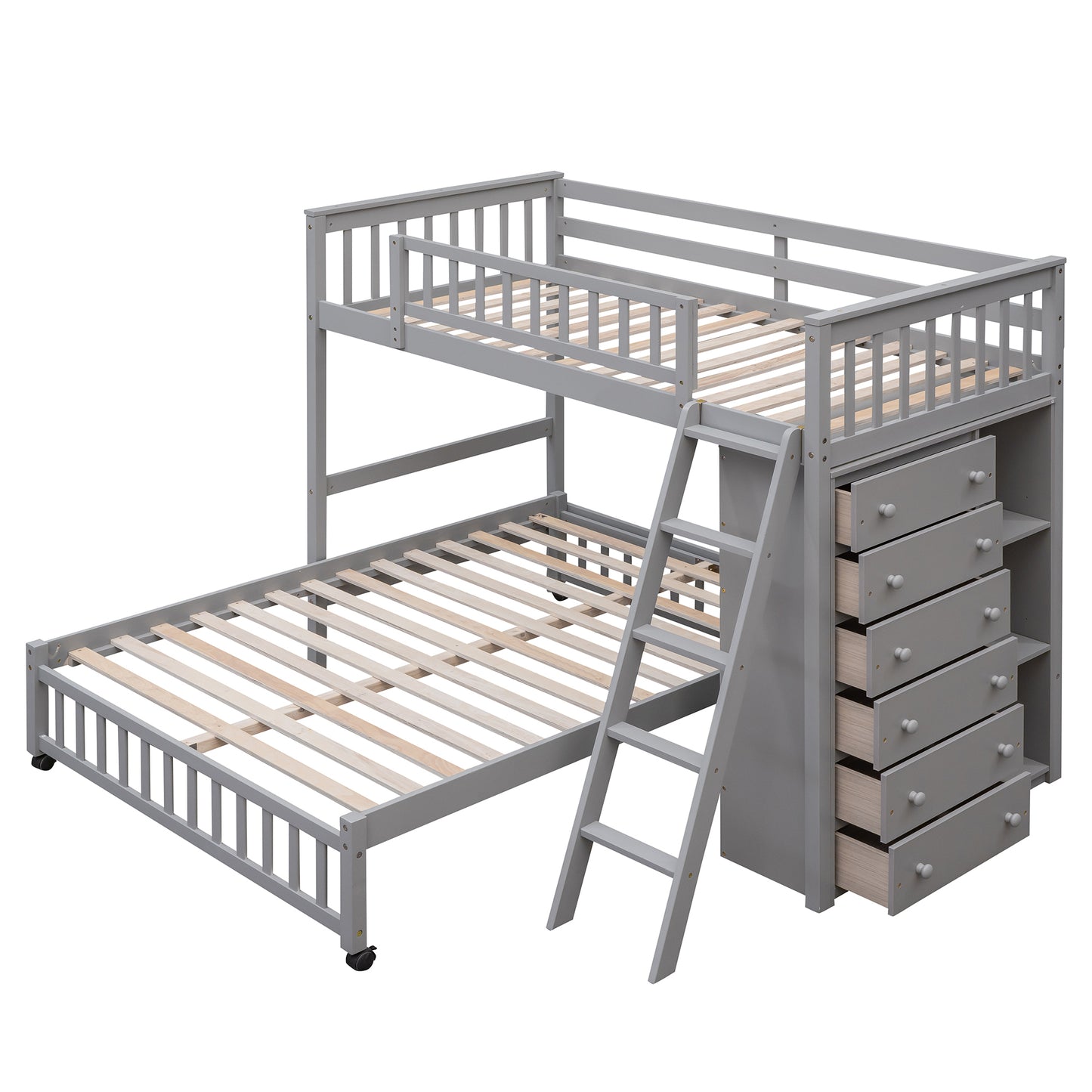 Gray Twin Over Full Bunk Bed With Storage Drawers And Wheels