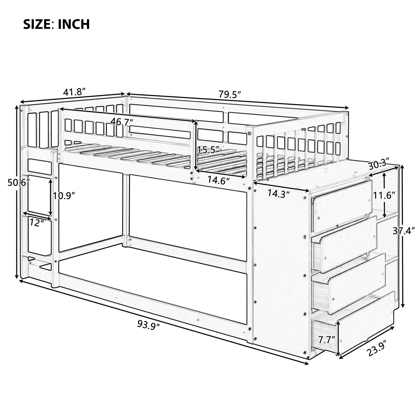 Space-Saving Gray Twin Bunk Bed with Storage and Built-in Shelves for Twin over Twin Configuration