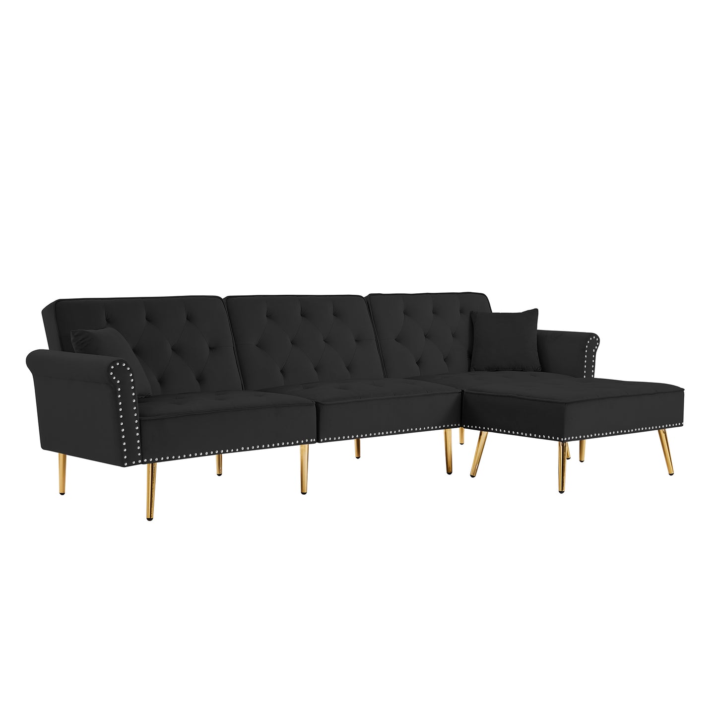 Modern Velvet Upholstered Reversible Sectional Sofa Bed , L-Shaped Couch with Movable Ottoman and Nailhead Trim For Living Room. (Black)