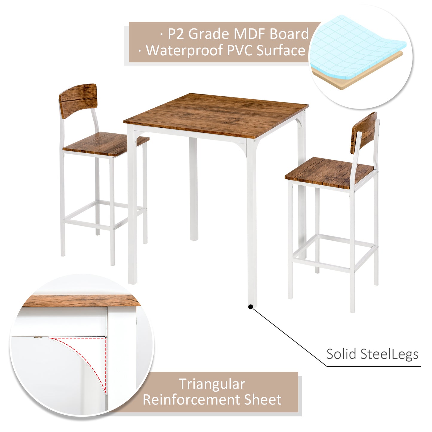 3 Piece Bar Table Set, Industrial Counter Height Dining Table Set, Bar Table & Chairs with Steel Legs & Footrests, White