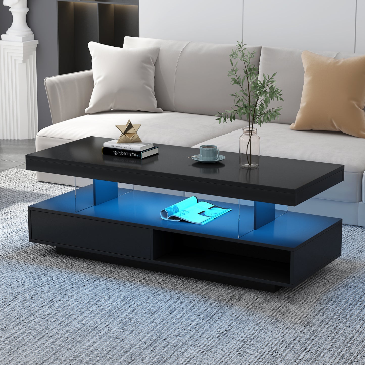 Modern Black LED Coffee Table with Storage and Display Shelves