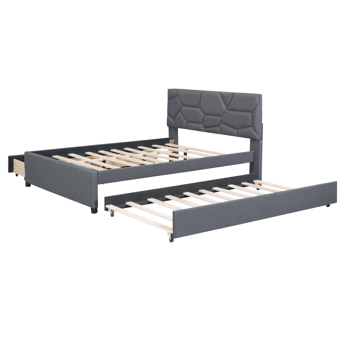 Full Size Upholstered Platform Bed with Brick Pattern Headboard, with Twin Size Trundle and 2 Drawers, Linen Fabric, Gray