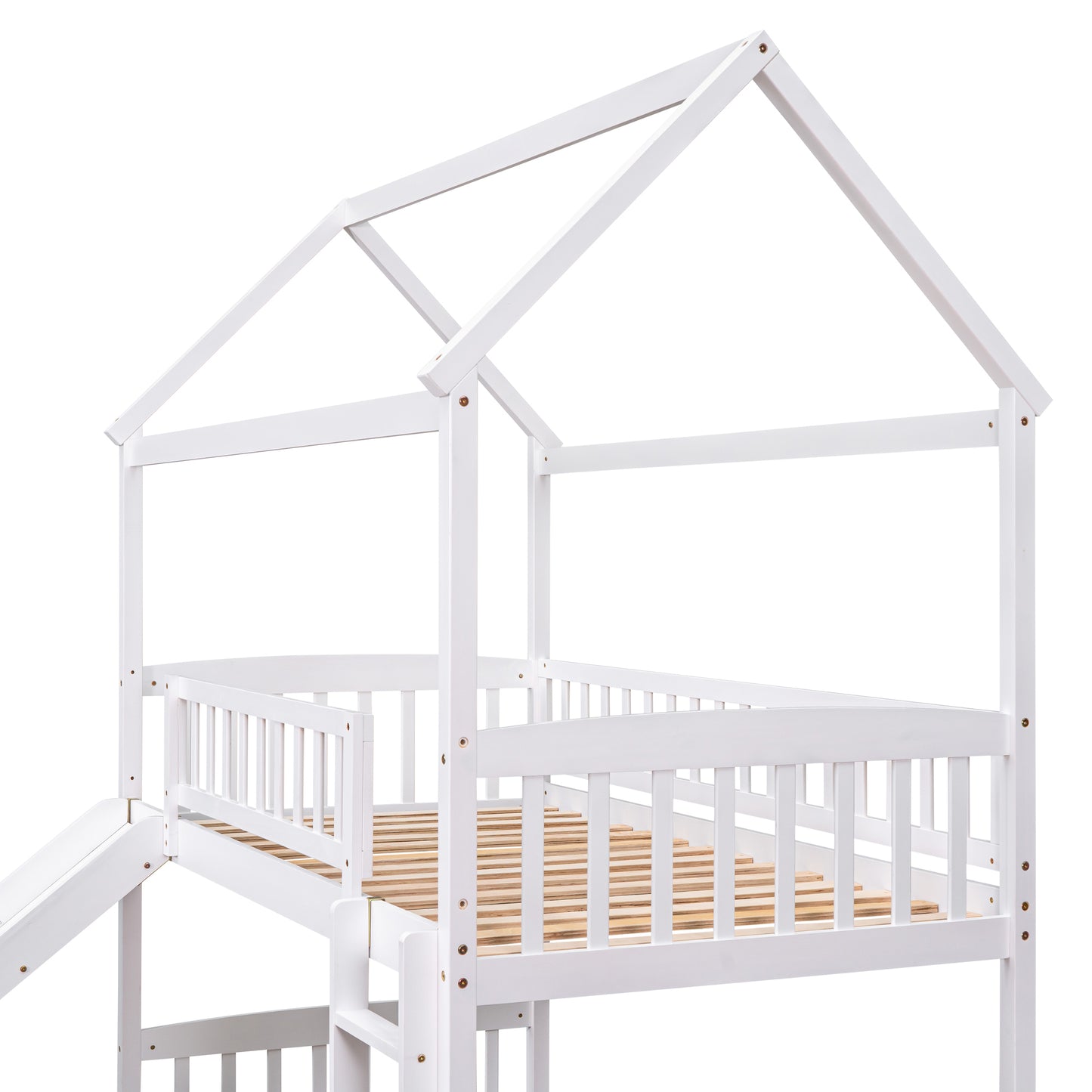 White Twin Over Twin Bunk Bed with Slide and Playhouse