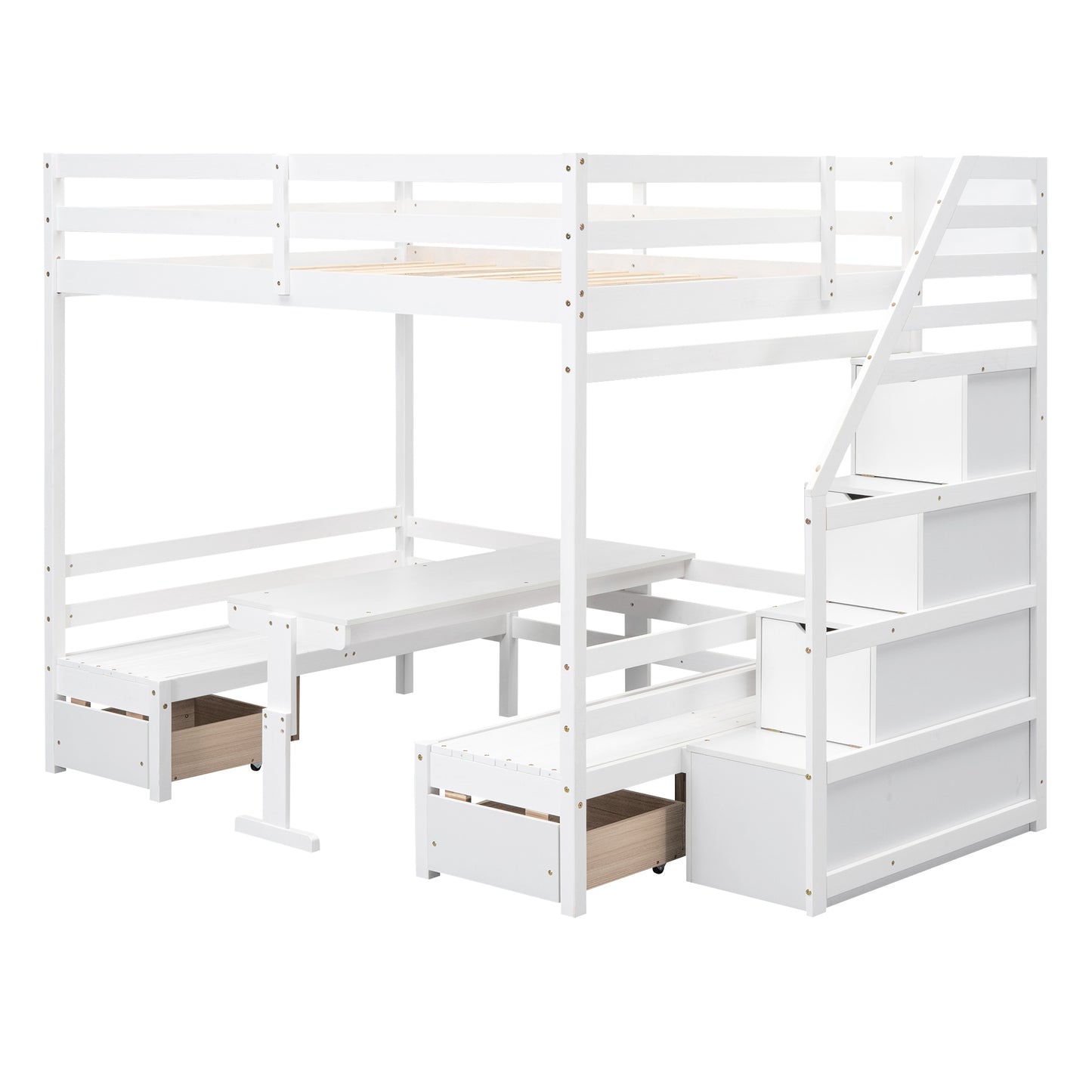 Full over Full Size Bunk with staircase,the Down Bed can be Convertible to Seats and Table Set,White