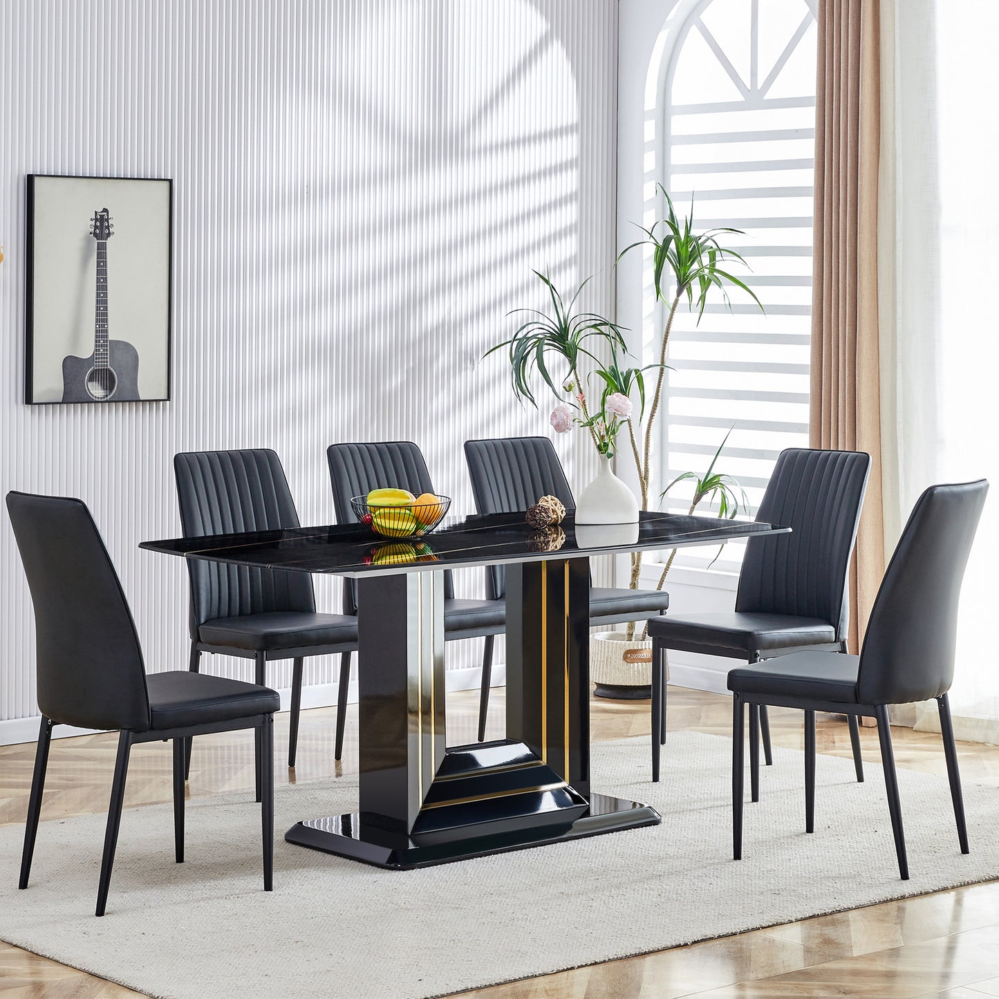 7-Piece Faux Marble Dining Table Set, Glass Rectangular Kitchen Table for 6-8, Modern Black Faux Marble Dining Room Table with MDF Base, Dining Table & 6 Chairs