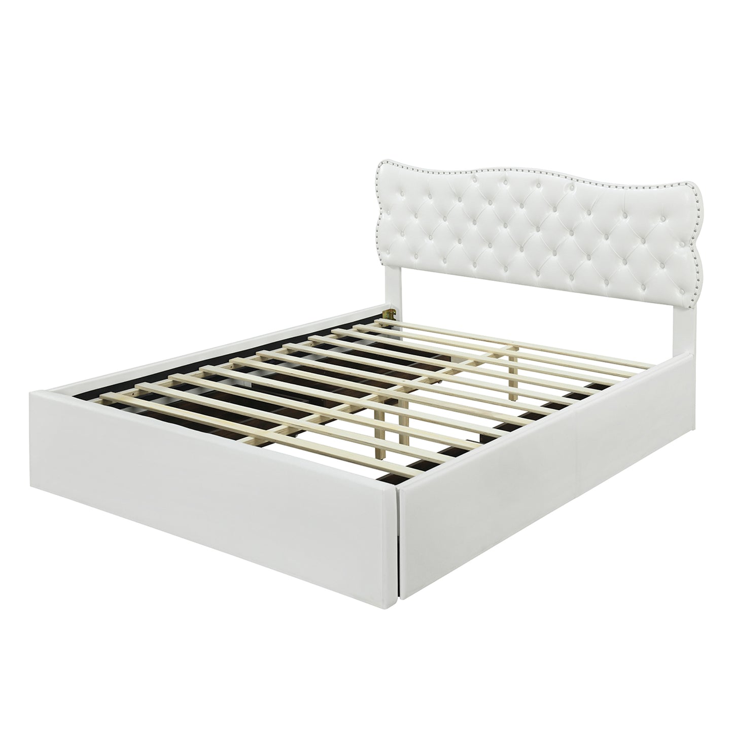 Full Size Bed Frame with 4 Storage Drawers,Leather Upholstered Platform Heavy Duty Bed,Wood Slat Support,White