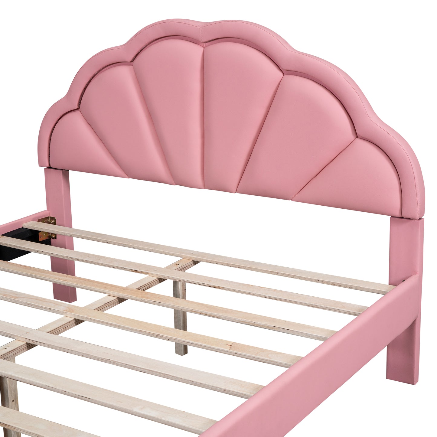 Queen Size Upholstered Platform Bed with Seashell Shaped Headboard, LED and 2 Drawers, Pink