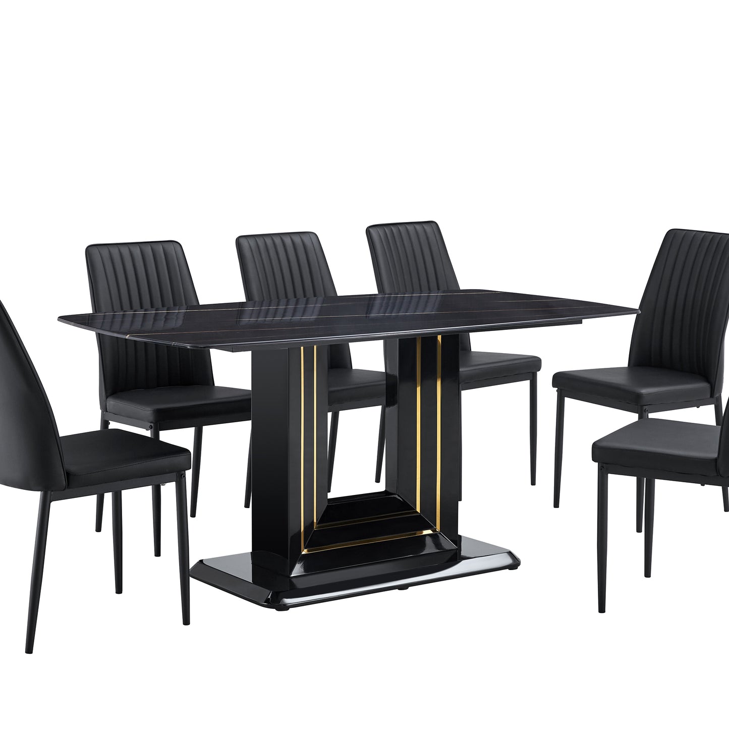 7-Piece Faux Marble Dining Table Set, Glass Rectangular Kitchen Table for 6-8, Modern Black Faux Marble Dining Room Table with MDF Base, Dining Table & 6 Chairs