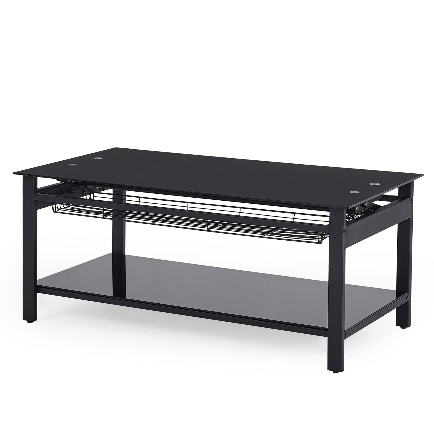 Black Lift Coffee Table with Hidden Storage Shelves and Tempered Glass Top Dining Table