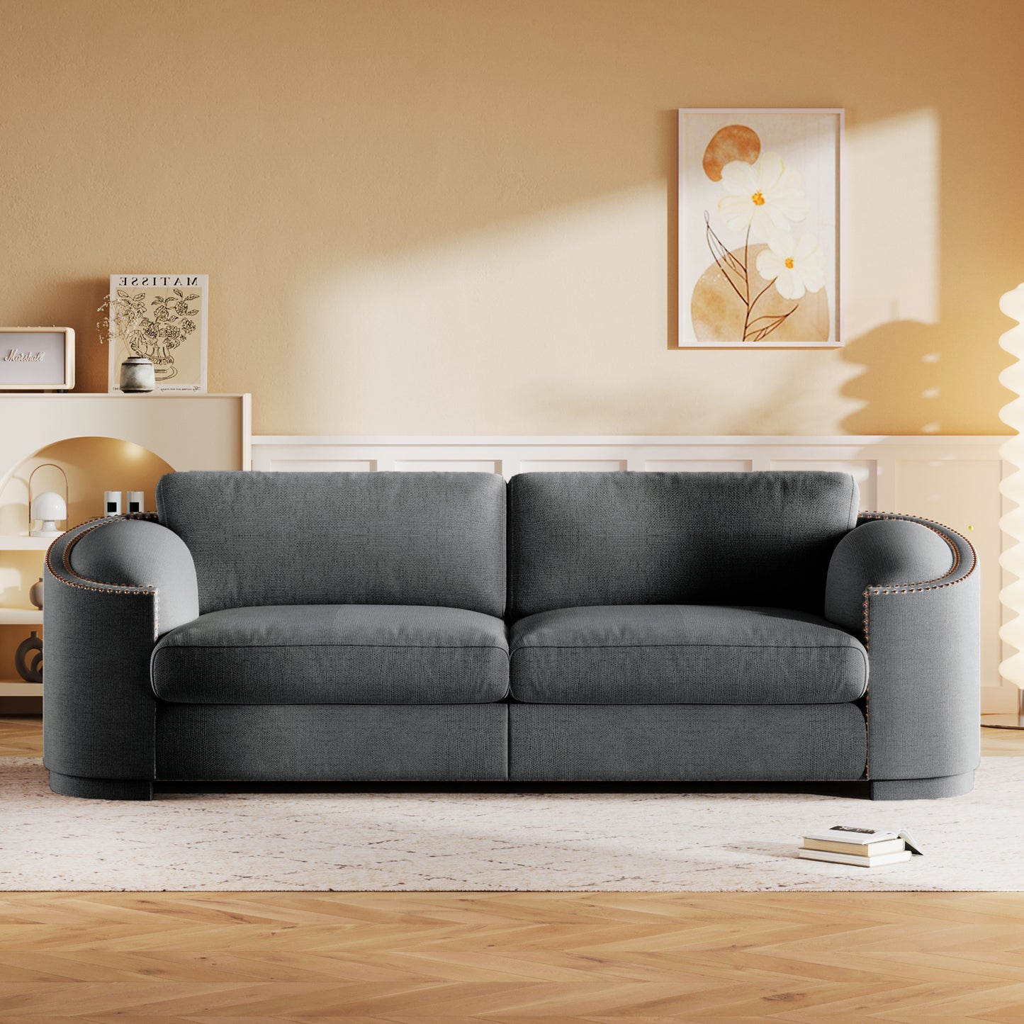 U_Style Stylish Sofa with Semilunar Arm, Rivet Detailing, and Solid Frame for Living Room