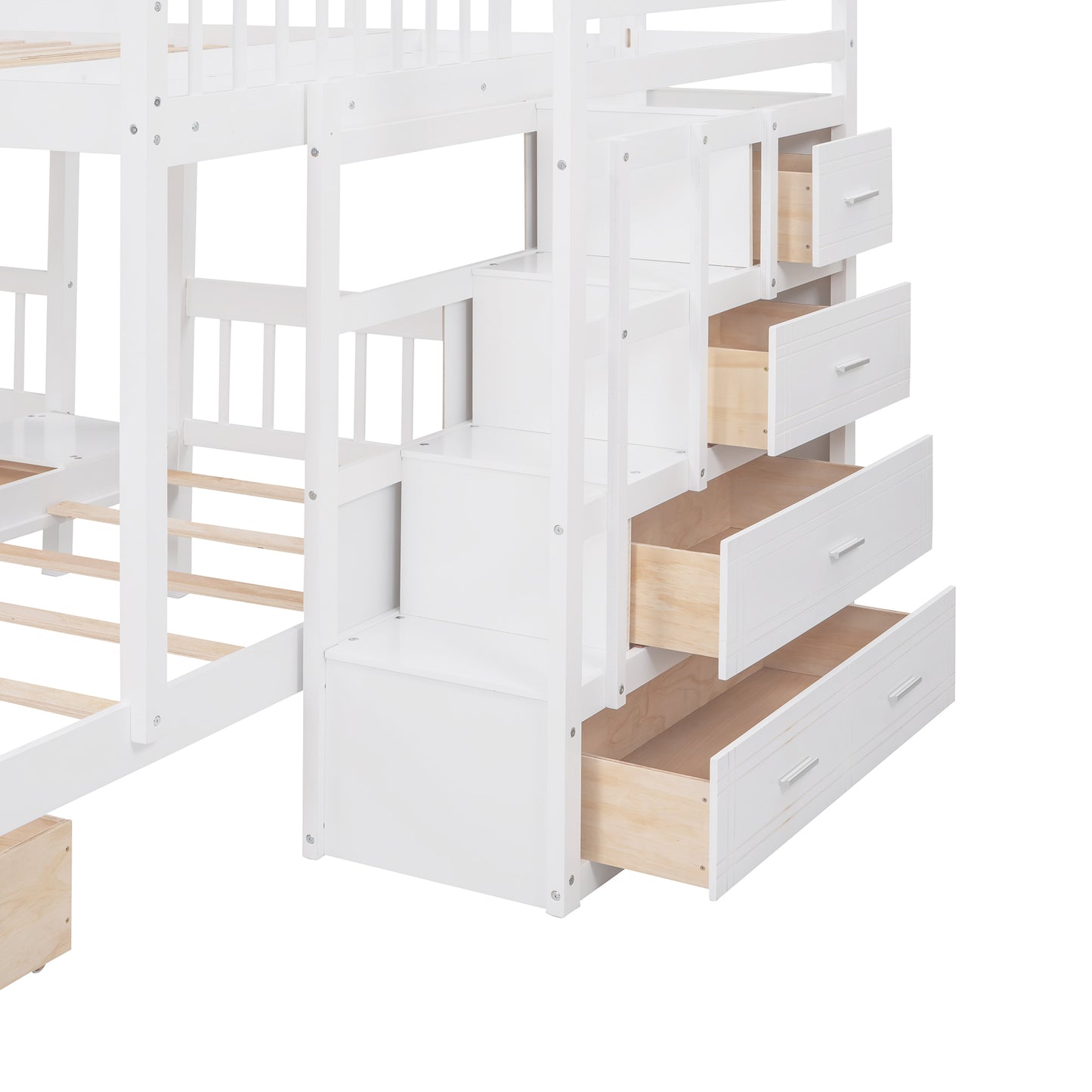 Three-Level Wooden Bunk Bed with Drawers, Full Over Twin & Twin Bunk Bed with Guardrails (White)