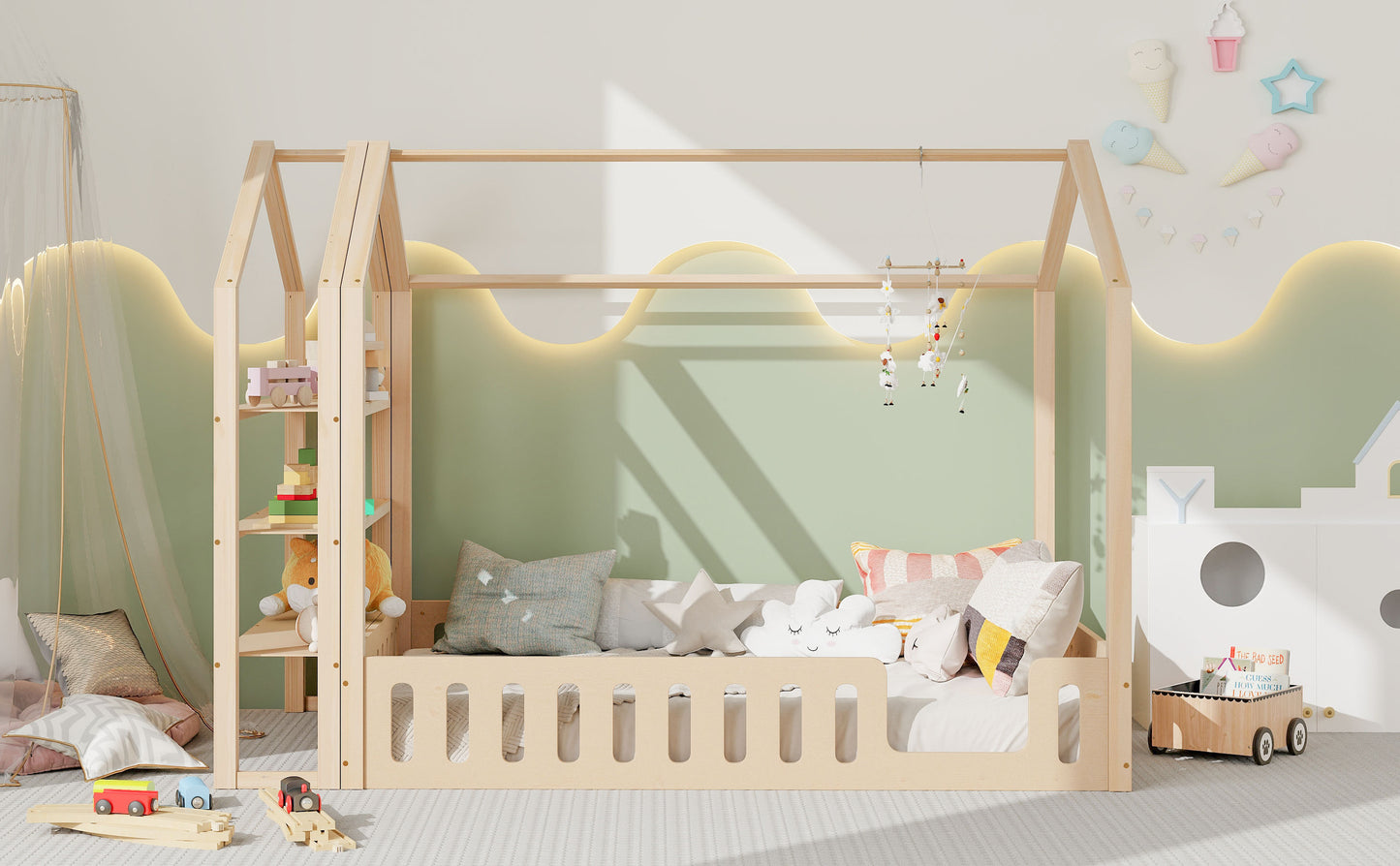 Full Size Wood House Bed with Fence and Detachable Storage Shelves, Natural (Expected Arrival Time: 1.7)