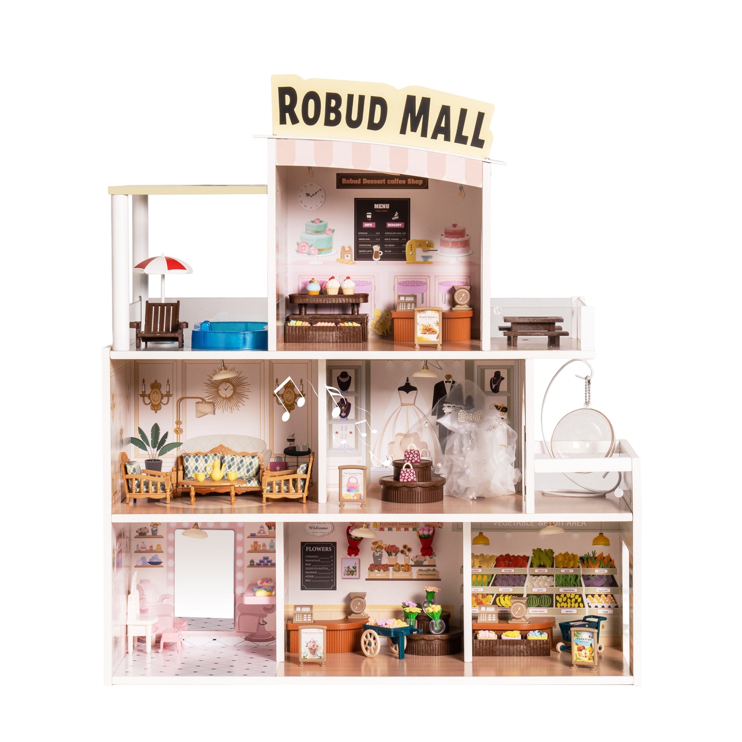 Wooden Shopping Mall Dollhouse with Functional Areas for Imaginative Play