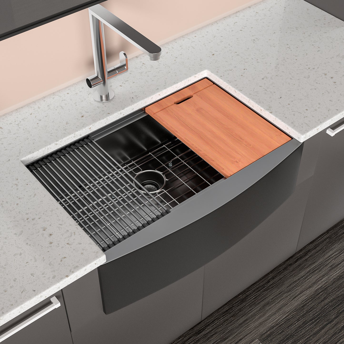 30-Inch Black Farmhouse Sink with Workstation and Accessories