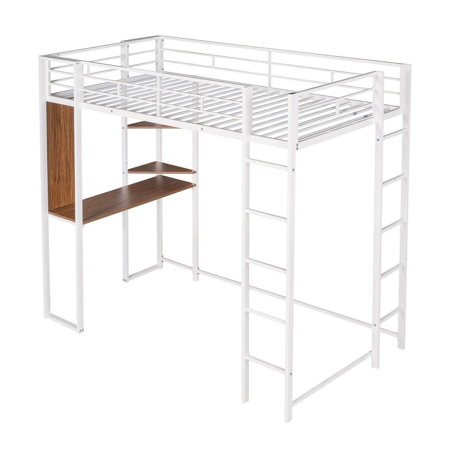 Twin Metal Loft Bed with 2 Shelves and one Desk ,WHITE(: MF281206AAK)