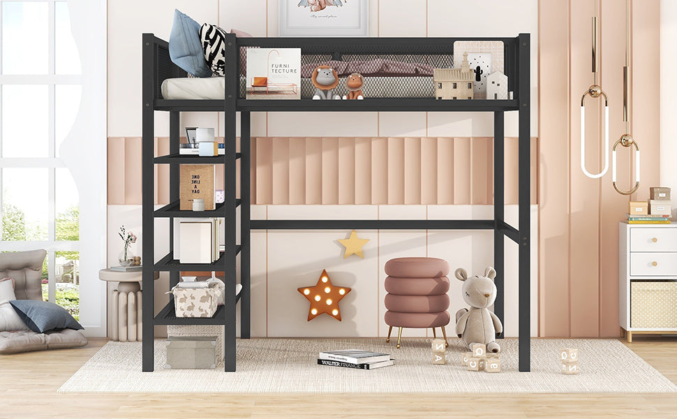 Twin Size Metal Loft Bed with 4-Tier Shelves and Storage, Black