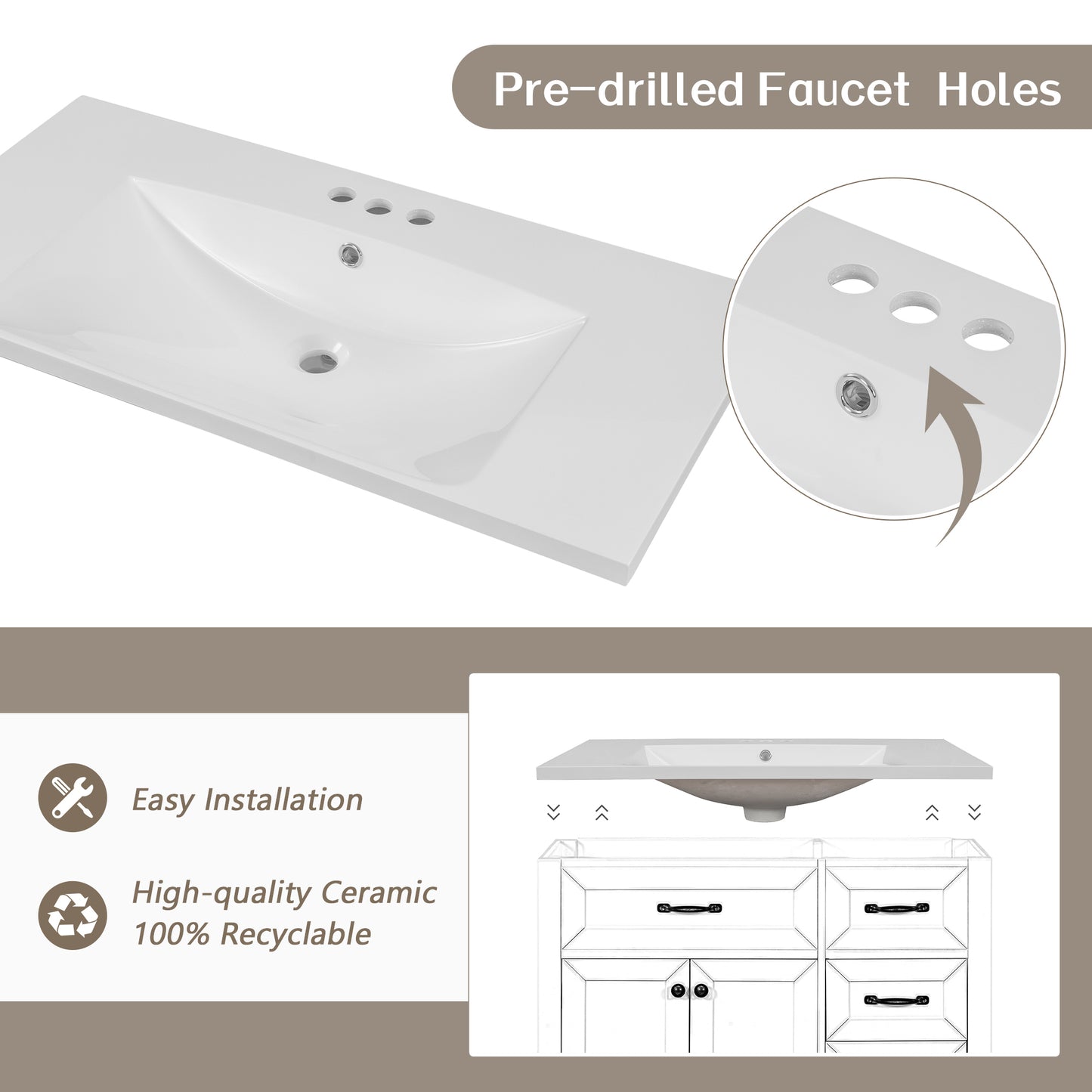 36" Bathroom Vanity with Sink Combo, Bathroom Cabinet with Drawers, Solid Frame and MDF Board, Grey