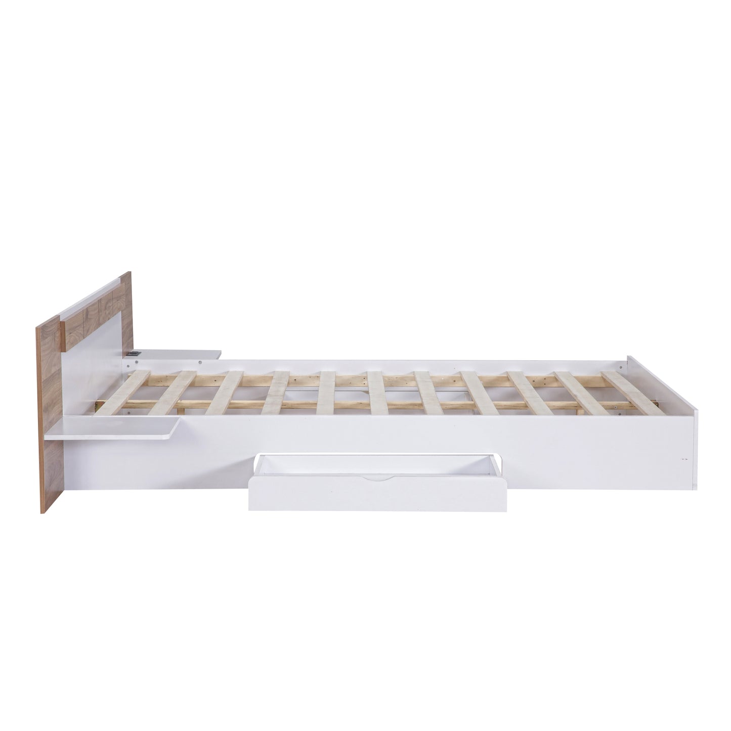 Queen Size Platform Bed with Headboard, Drawers, Shelves, USB Ports and Sockets, White