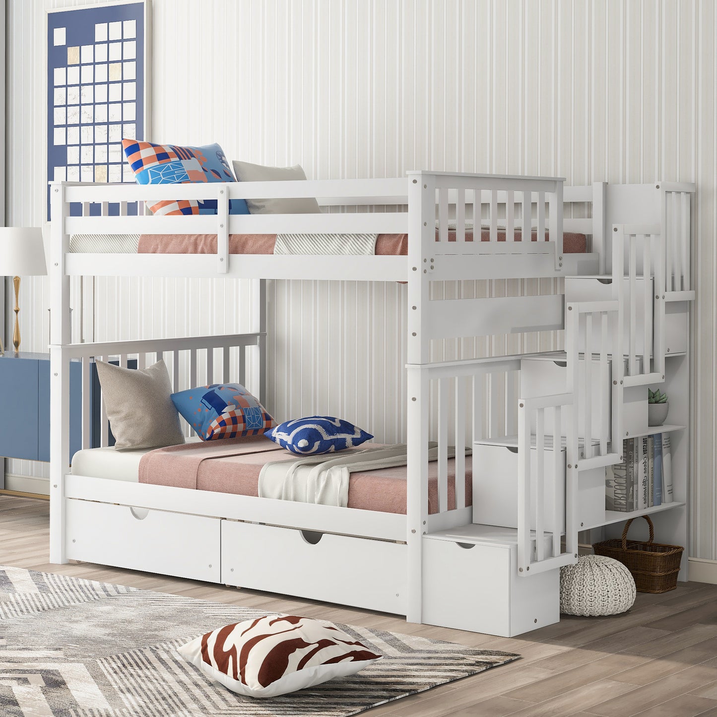 White Twin Over Twin Bunk Bed with Shelves and 6 Storage Drawers