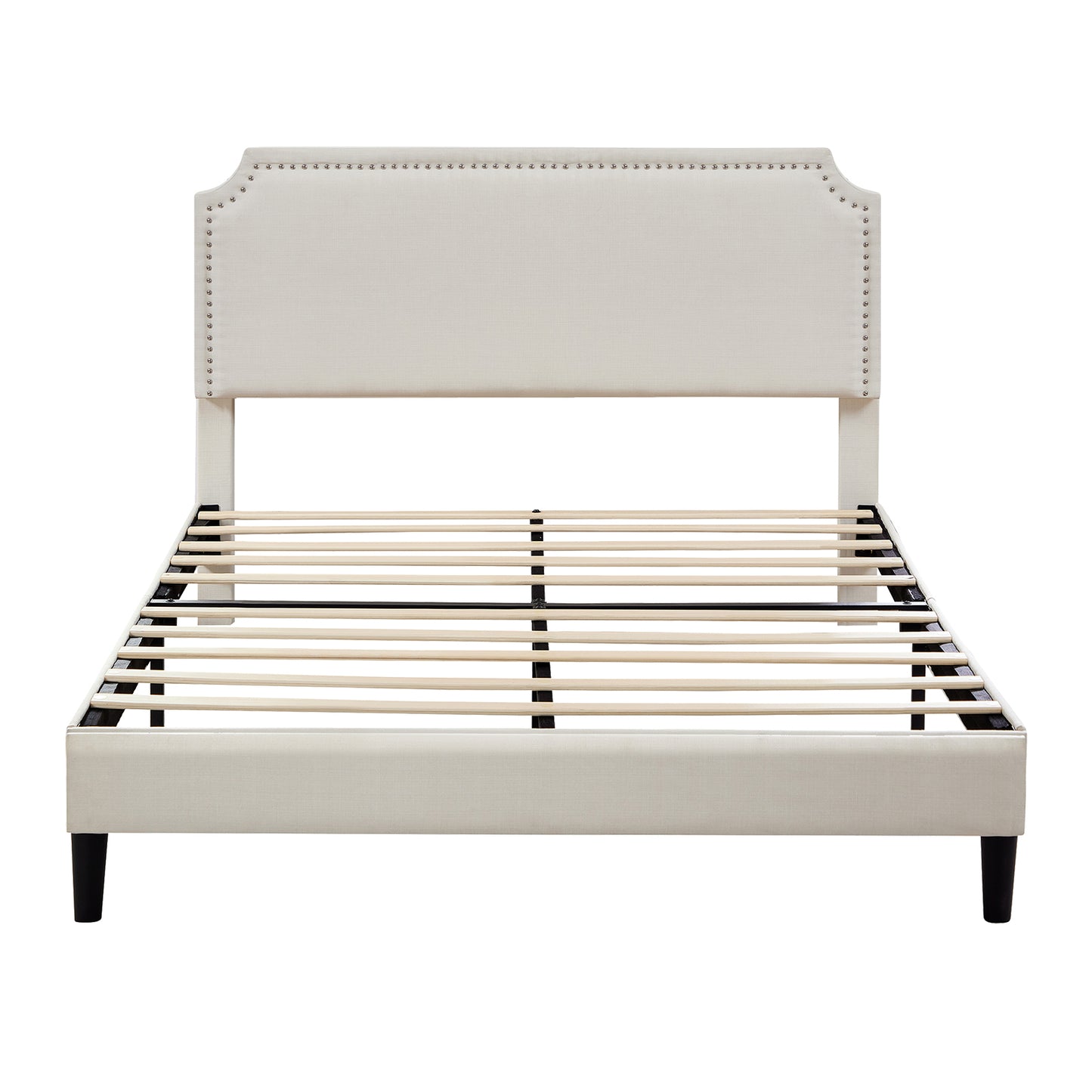 Queen Size Platform Bed with Upholstered Headboard and Slat Support, Heavy Duty Mattress Foundation, No Box Spring Required, Easy to Assemble,Beige