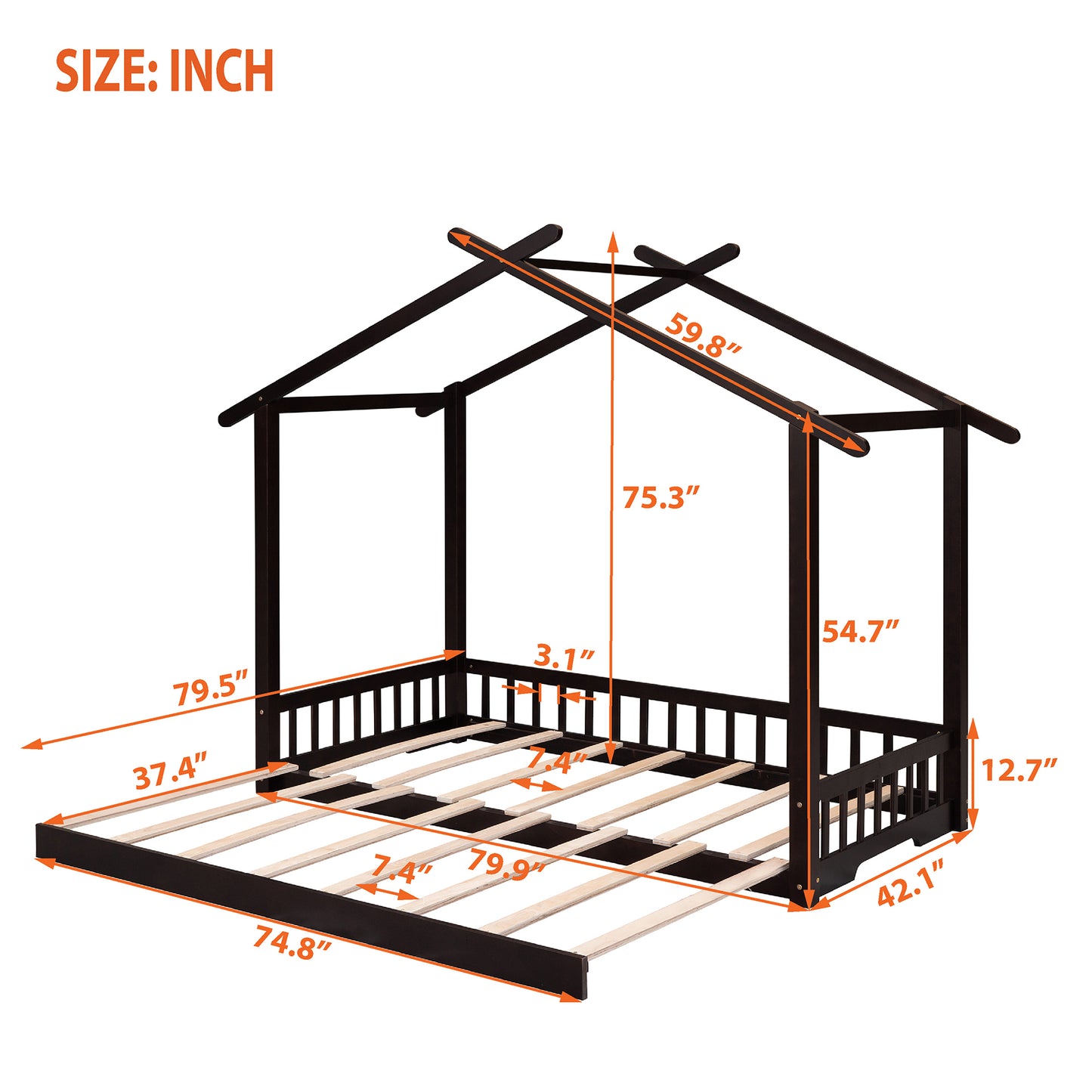 Extending House Bed, Wooden Daybed, Espresso